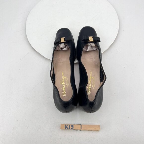 Salvatore Ferragamo Women Size 10 AAAA Black Leather Bow Block Low Heel Shoes - Picture 10 of 13